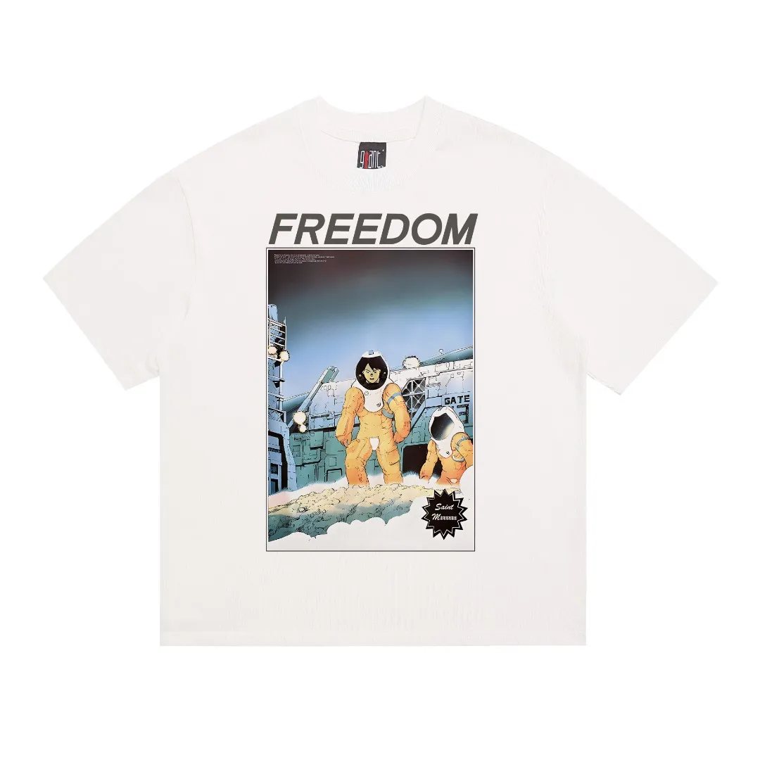 Saint Michael x FREEDOM tee space comic print distressed retro Vintage loose short-sleeved T-shirt with digital white ink direct injection, the fabric is breathable and the pattern is three-dimensional and clear. Fabric: Double yarn 240g Style number: S912 Size: S-M-L-XL Color: White Price: P110
